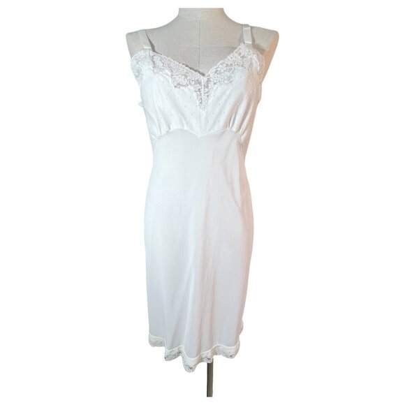 Vintage Komar Lingerie White Nylon Full Slip Size 34 Lace Trim Polka Dot Bodice - Picture 2 of 6